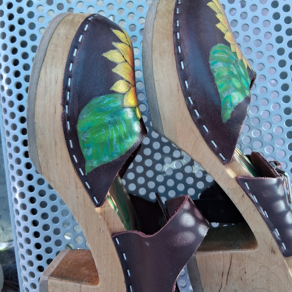Sunflower Embellished Brown Wood Leather Mules